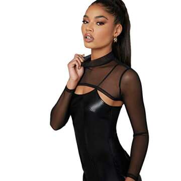 SweatyRocks Women's Long Sleeve Mock Neck Slim Fit Sheer Mesh Crop Shirt Top Black M