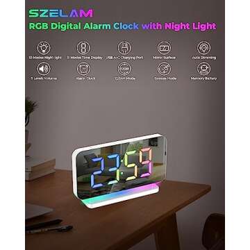 SZELAM Digital Alarm Clock,7.4" LED Mirror Clock with USB C Charging Port,10 Modes RGB Night Light,1...