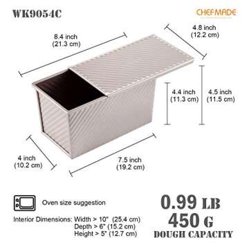 CHEFMADE Pullman Loaf Pan with Lid, 1Lb Dough Capacity Non-Stick Rectangle Corrugated Toast Box for ...