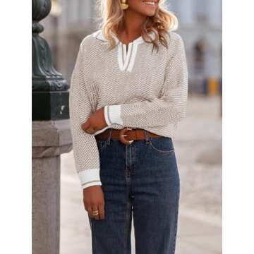 Saodimallsu Womens Fall Sweaters Tops Lapel V Neck Knit Sweater Color Block Long Sleeve Casual Soft Pullover Shirt Khaki