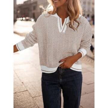 Saodimallsu Womens Fall Sweaters Tops Lapel V Neck Knit Sweater Color Block Long Sleeve Casual Soft Pullover Shirt Khaki