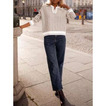 Saodimallsu Womens Fall Sweaters Tops Lapel V Neck Knit Sweater Color Block Long Sleeve Casual Soft Pullover Shirt Khaki