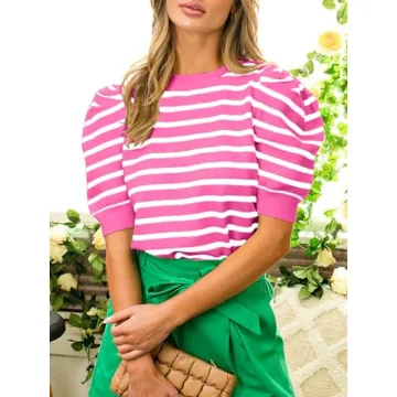 Langwyqu Women's Striped Puff Sleeve Sweater - Bright Pink