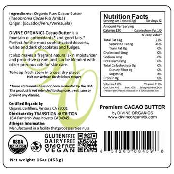 Divine Organics Raw Cacao Butter/Cocoa Butter - Certified Organic - Food Grade - Edible - Fragrant, Natural Skin Moisturizer (16 oz)
