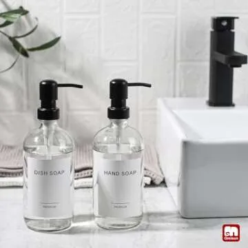 GMISUN Glass Soap Dispenser with Pump, 2 Pack Clear Bathroom Hand Soap Dispenser with Stainless Steel Pump, 16 Oz Refillable Kitchen Hand and Dish Soap Dispensers Set, Modern Liquid Pump Bottles