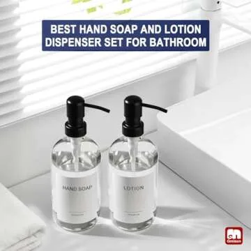 GMISUN Glass Soap Dispenser with Pump, 2 Pack Clear Bathroom Hand Soap Dispenser with Stainless Steel Pump, 16 Oz Refillable Kitchen Hand and Dish Soap Dispensers Set, Modern Liquid Pump Bottles