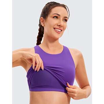 CRZ YOGA Butterluxe Racerback High Neck Longline Sports Bras for Women - Padded Workout Crop Tank Tops with Built in Pads Royal Lilac Medium