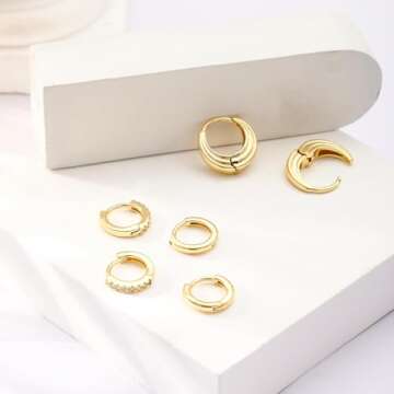 Tasiso Gold Hoop Earrings for Women, Dainty 14K Gold Plated Huggie Hoop Earrings Lightweight Hypoallergenic Earring Set CZ Earrings Pack for Women Trendy Jewelry Gifts (Style7)