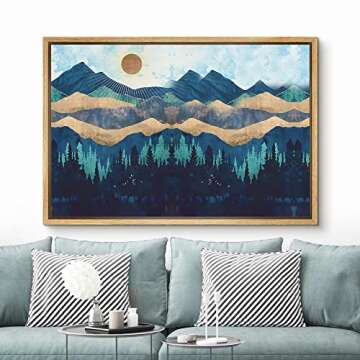 SIGNFORD Framed Canvas Print Wall Art Woodland Nursery Decor Blue Mountains & Forest Under Shining S...