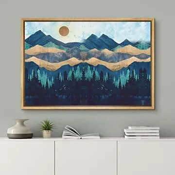 SIGNFORD Framed Canvas Print Wall Art Woodland Nursery Decor Blue Mountains & Forest Under Shining Sun Abstract Wilderness Modern Art Rustic Scenic for Living Room, Bedroom, Office - 16"x24" Natural