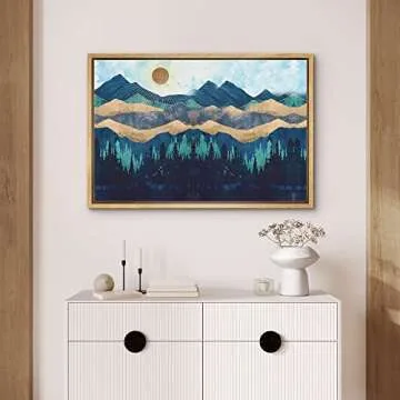 SIGNFORD Framed Canvas Print Wall Art Woodland Nursery Decor Blue Mountains & Forest Under Shining Sun Abstract Wilderness Modern Art Rustic Scenic for Living Room, Bedroom, Office - 16"x24" Natural