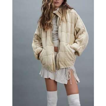 Wefebi Womens Dolman Quilted Lightweight Jackets Full-zip Stand Collar Loose Warm Winter Outwears with Pockets(0003-Beige-S)