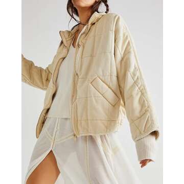 Wefebi Womens Dolman Quilted Lightweight Jackets Full-zip Stand Collar Loose Warm Winter Outwears with Pockets(0003-Beige-S)