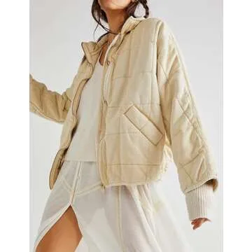 Wefebi Womens Dolman Quilted Lightweight Jackets Full-zip Stand Collar Loose Warm Winter Outwears with Pockets(0003-Beige-S)