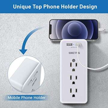 Surge Protector Outlet Extender, USB Wall Charger, SOKETPUG Multi Plug Outlet with 2 USB Charging Ports(Smart 2.4A Total), 9 AC Outlet Splitter Mountable, 3 Sided Plug Extender, Dorm Room Essentials