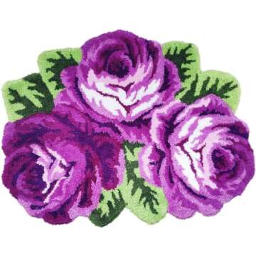 ABREEZE Flora Rug Purple Handcraft Bathmat Porch Rug Home Decor Carpet Washable Non-Slip Mat Indoor and Outdoor Welcome Rug (3 Roses, Purple)