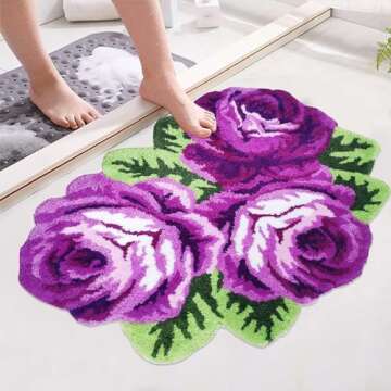 ABREEZE Flora Rug Purple Handcraft Bathmat Porch Rug Home Decor Carpet Washable Non-Slip Mat Indoor and Outdoor Welcome Rug (3 Roses, Purple)