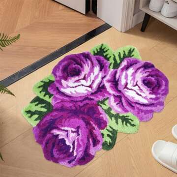 ABREEZE Flora Rug Purple Handcraft Bathmat Porch Rug Home Decor Carpet Washable Non-Slip Mat Indoor and Outdoor Welcome Rug (3 Roses, Purple)