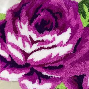 ABREEZE Flora Rug Purple Handcraft Bathmat Porch Rug Home Decor Carpet Washable Non-Slip Mat Indoor and Outdoor Welcome Rug (3 Roses, Purple)