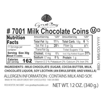Great Bay Chocolates Large Milk Chocolate Coins. Nut-Free (12 OZ - Approximately 45 pieces)