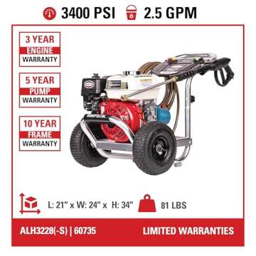 SIMPSON Cleaning ALH3228-S Aluminum Series 3400 PSI Gas Pressure Washer, 2.5 GPM, HONDA GX200 Engine, CAT Triplex Pump, Includes Spray Gun, Extension Wand, 5 QC Nozzle Tips, 5/16" x 25' Hose, 49-State
