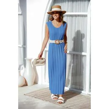 Fisoew Women's Summer Sleeveless Maxi Dress Scoop Neck Ribbed Knit Tank Top Dresses Blue