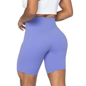 Sunzel No Front Seam Biker Shorts for Women with Pockets, Yoga Workout Gym Bike Shorts with Tummy Control 8" Periwinkle Small