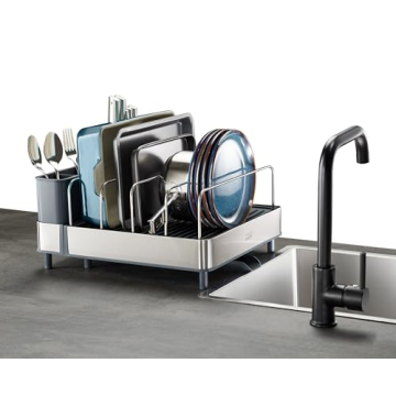 Joseph Joseph Extend Max Steel Expanding Dish Drying Rack, with high Capacity Large for Items, Cutlery and Knife Holder, Swivel Draining Spout, Stainless Steel