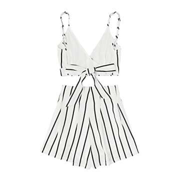 MakeMeChic Women's 2 Piece Outfit Summer Striped V Neck Crop Cami Top with Shorts White S