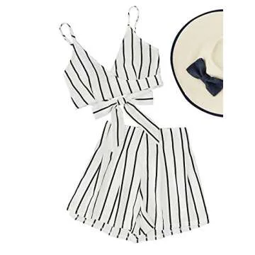 MakeMeChic Women's 2 Piece Outfit Summer Striped V Neck Crop Cami Top with Shorts White S