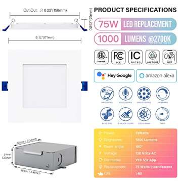JULLISON 6" LED Smart Slim Recessed Pot Light, Square, WiFi APP & Voice Control, 120V, 13W, 1000LM, ...