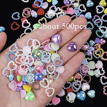 500Pcs Colorful Heart Pearls Nail Charms for Crafts