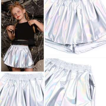 Perfashion Girls Metallic Skirts Sparkly Festival Shorts Shiny Rave Skorts 4 5t Alien Costume with Pockets Sparkly Laser Silver