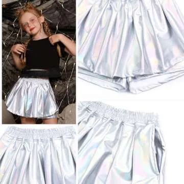 Perfashion Girls Metallic Skirts Sparkly Festival Shorts Shiny Rave Skorts 4 5t Alien Costume with Pockets Sparkly Laser Silver