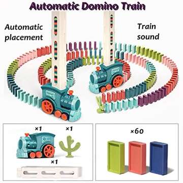 Domino Train Toy Set, 60 Pcs Automatic Electric Domino Train Blocks Set Building and Stacking Toy for Kids Games, Stem Montessori Toy with Sound and Light Toddler 3+ Year Old Gifts (Blue, 60 Dominoes)