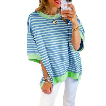 SHEWIN Spring Tops for Women 2025 Short Sleeve Shirts Trendy Loose Crewneck Oversized Tshirts Stripe...