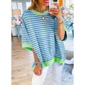 SHEWIN Spring Tops for Women 2025 Short Sleeve Shirts Trendy Loose Crewneck Oversized Tshirts Striped Color Block Cute Womens Fashion T Shirt Sky Blue Stripe L