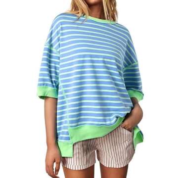 SHEWIN Spring Tops for Women 2025 Short Sleeve Shirts Trendy Loose Crewneck Oversized Tshirts Striped Color Block Cute Womens Fashion T Shirt Sky Blue Stripe L