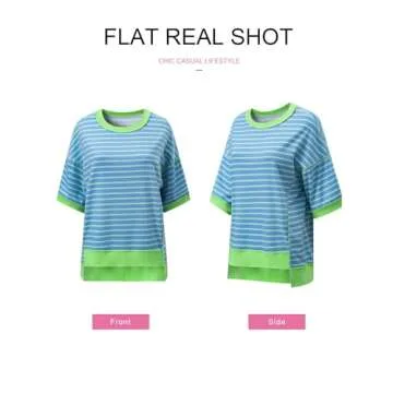 SHEWIN Spring Tops for Women 2025 Short Sleeve Shirts Trendy Loose Crewneck Oversized Tshirts Striped Color Block Cute Womens Fashion T Shirt Sky Blue Stripe L