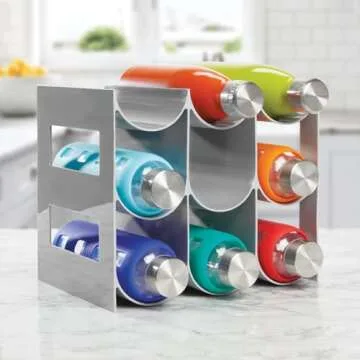 mDesign Plastic Water Bottle Organization/Wine Rack Storage Organizer for Kitchen Countertops, Cabinet, Bin, Pantry, Fridge, Refrigerator, 3 Tiers, 9 Bottles, Lumiere Collection - Gray