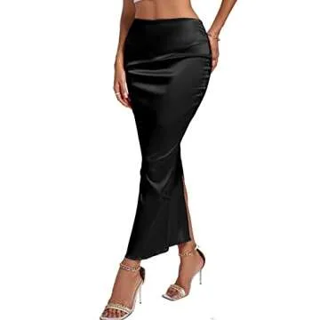 Rooscier Women's Satin Silk Bodycon Split Back High Waist Elegant Club Maxi Skirt Black Small