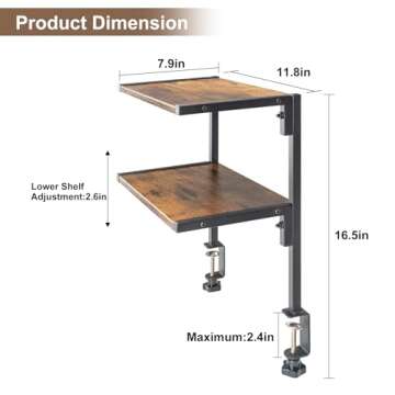 ZOMICE Clamp On Desk Organizer Shelf, 12 Inch Clamp-on Above or Under Desktop Storage Shelf,2 Tier Clip On Shelving Unit for Table Accessories (Brown)