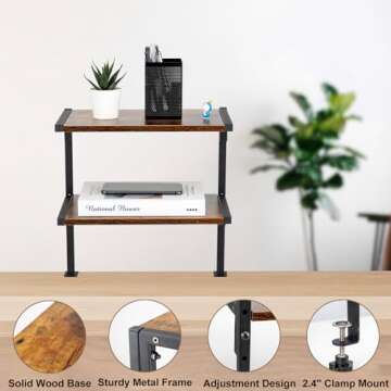 ZOMICE Clamp On Desk Organizer Shelf, 12 Inch Clamp-on Above or Under Desktop Storage Shelf,2 Tier Clip On Shelving Unit for Table Accessories (Brown)