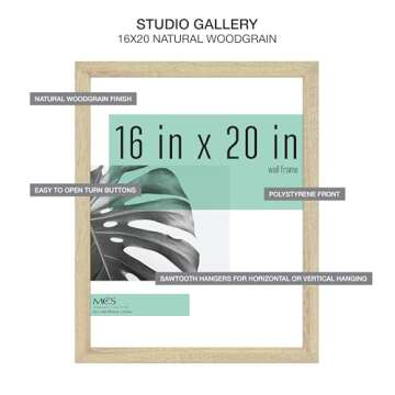 MCS Studio Gallery 16x20 Poster Frame Natural Woodgrain, Vertical & Horizontal Wall Hanging Large Picture Frame for Photos, Posters & Art Prints (1-Pack)