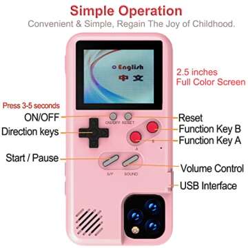 N+A Playable Gameboy Case for iPhone 11, Retro 3D Shockproof Gameboy Cover Case with 36 Classic Games, Handheld Color Screen Video Game Console Case for iPhone Pink