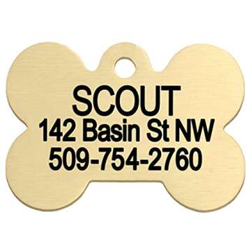 GoTags Personalized Pet ID Tags, Solid Brass Dog Tags and Cat Tags, up to 6 Lines of Custom Text, Engraved on Both Sides, Bone, Round, and Heart Shapes