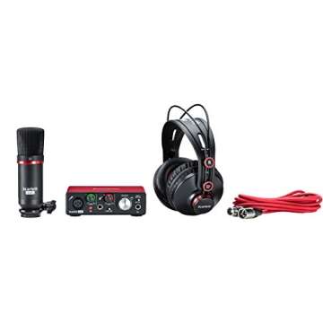 Focusrite Scarlett Solo Studio Kit Bundle – Contains Scarlett Solo USB Audio Interface + CM25 Condenser Microphone + HP60 Studio Headphones + Cables + Fibertique Cloth