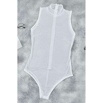 Lrady Women White Mock Neck Sleeveless Rhinestone Bodysuit Tops Thong Shirts s