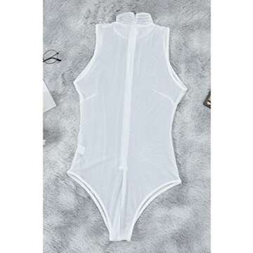 Lrady Women White Mock Neck Sleeveless Rhinestone Bodysuit Tops Thong Shirts s