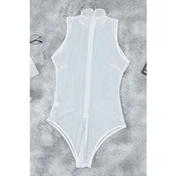 Lrady Women White Mock Neck Sleeveless Rhinestone Bodysuit Tops Thong Shirts s